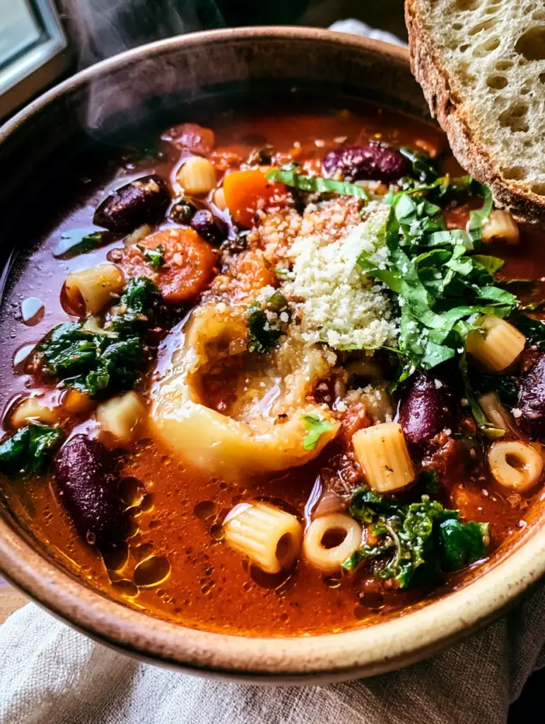 Winter Minestrone Soup with Parmesan Rind and Toasted Sourdough 1 Steaming bowl of Winter Minestrone Soup with a glistening parmesan rind and fresh basil ribbons.