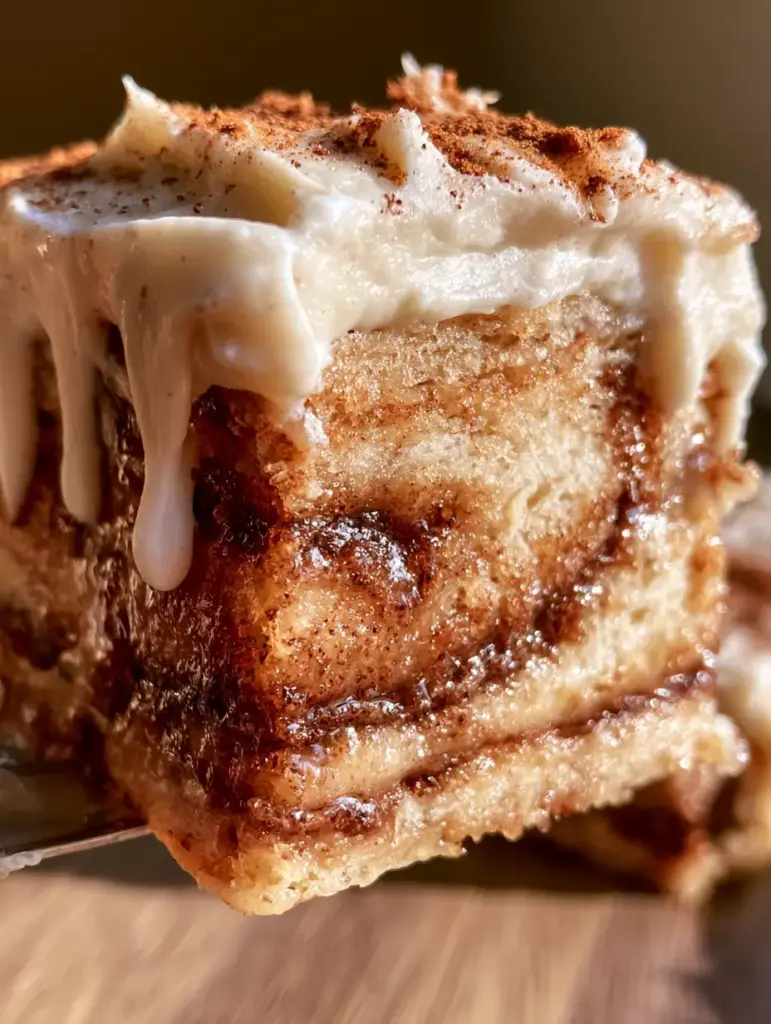 Cinnamon Roll Bliss Bars with Molten Swirls and Cream Cheese Glaze 1 A thick square-cut Cinnamon Roll Bliss Bar smothered in velvety white cream cheese frosting with a fine dust of cinnamon.