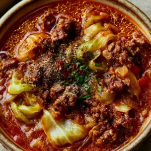 Macro top-down view of ground beef cabbage soup showing golden oil droplets and caramelized cabbage ribbons. (ground beef cabbage soup)