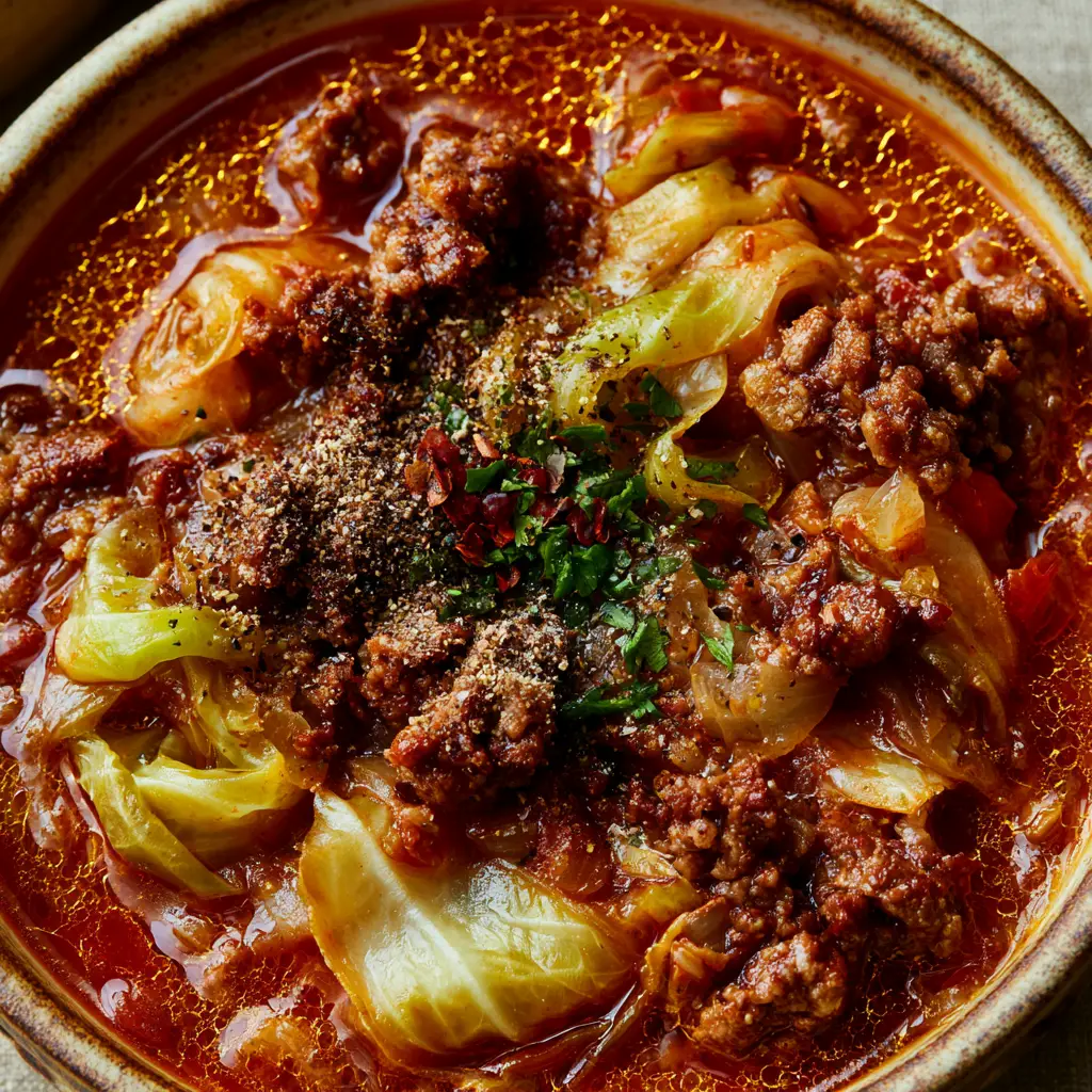 Ground Beef Cabbage Soup: A Hearty One-Pot Tomato-Based Comfort Meal 2 Macro top-down view of ground beef cabbage soup showing golden oil droplets and caramelized cabbage ribbons. (ground beef cabbage soup)