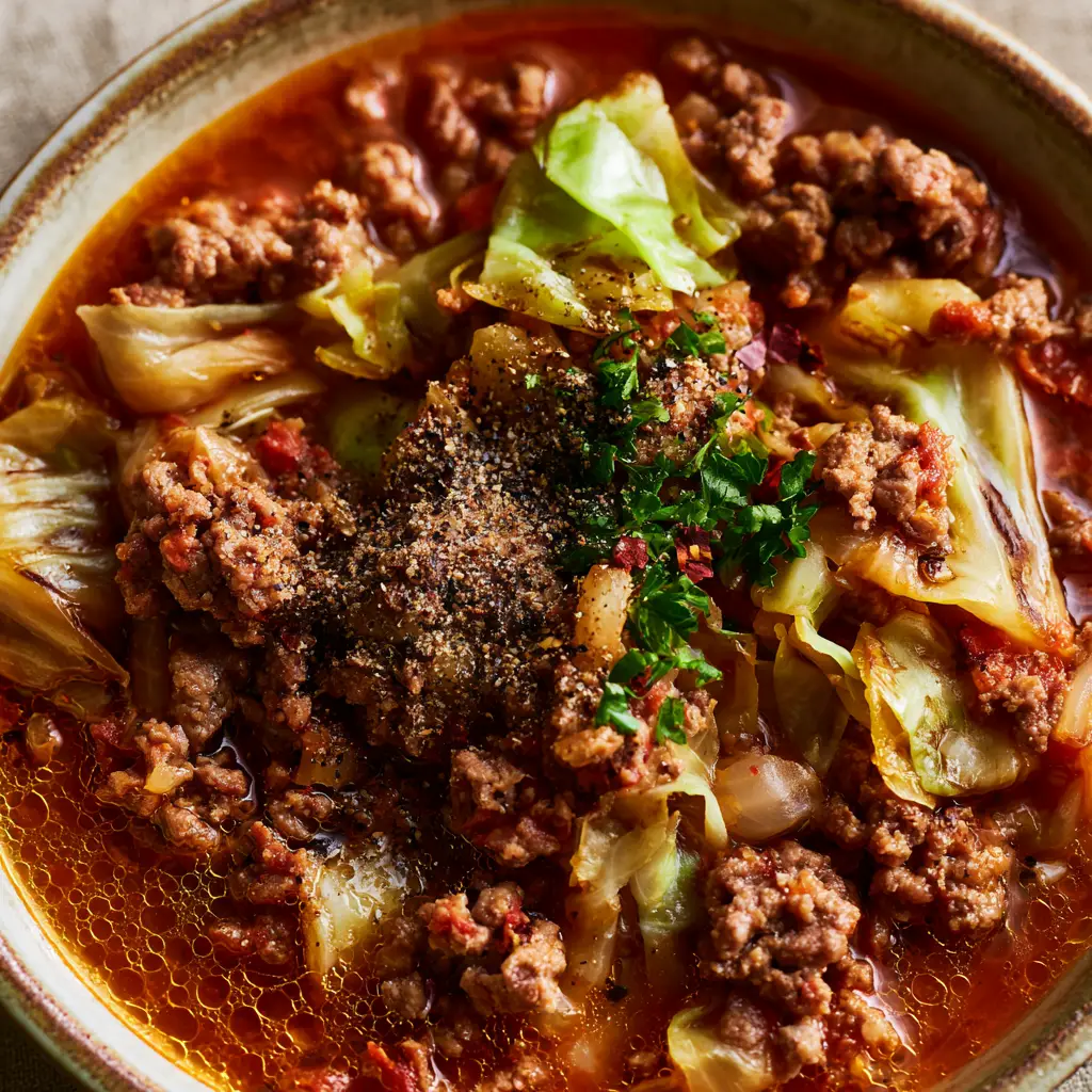 Ground Beef Cabbage Soup: A Hearty One-Pot Tomato-Based Comfort Meal 1 Detailed close-up of seared ground beef and tender cabbage in a red tomato broth. (ground beef cabbage soup)