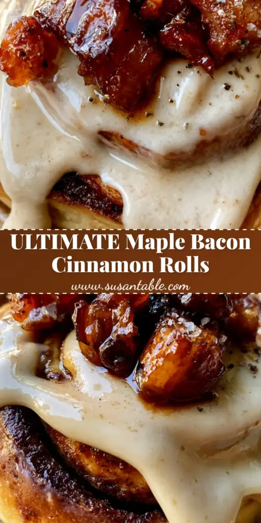 Bourbon Maple Bacon Cinnamon Rolls: The Ultimate Sweet and Salty Brunch Masterpiece 4 A tall brioche cinnamon roll with thick ivory glaze and dark amber candied bacon chunks. (Bourbon Maple Bacon Cinnamon Rolls)