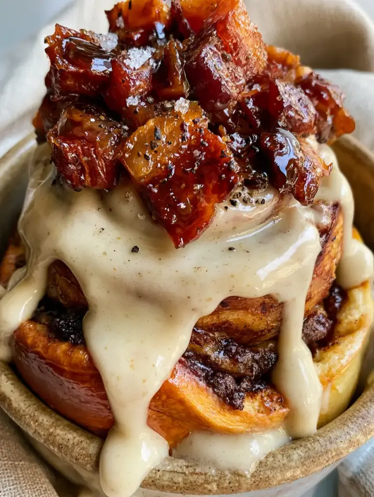Bourbon Maple Bacon Cinnamon Rolls: The Ultimate Sweet and Salty Brunch Masterpiece 2 A single Bourbon Maple Bacon Cinnamon Roll being pulled away, showing velvety drips of maple bourbon cream cheese frosting.