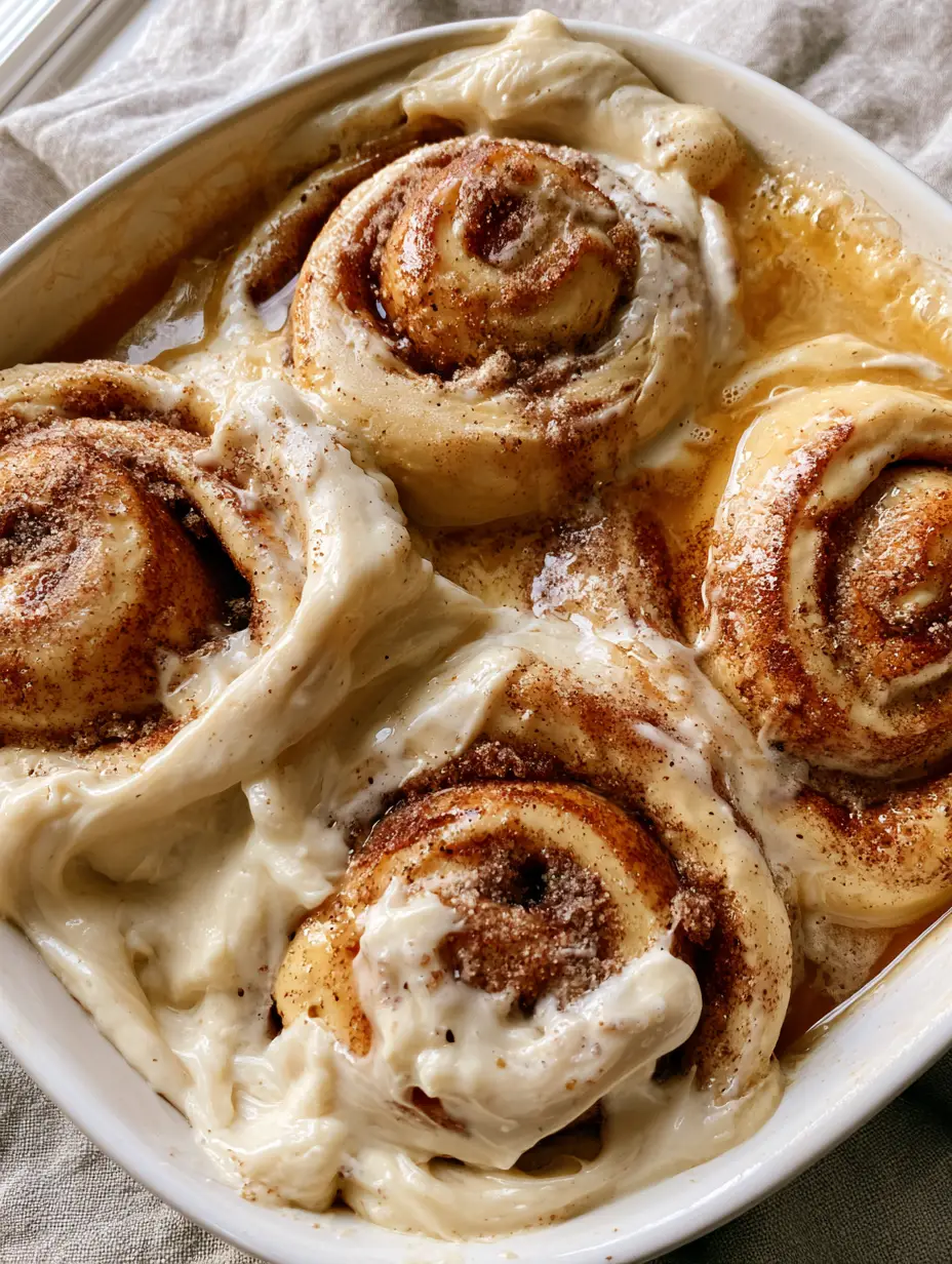Cinnamon Roll Breakfast Bake: The Ultimate Gooey Heavy Cream Hack 4 Extreme close-up of jumbo cinnamon rolls submerged in golden-brown heavy cream sauce with thick cream cheese icing. (cinnamon roll breakfast bake)