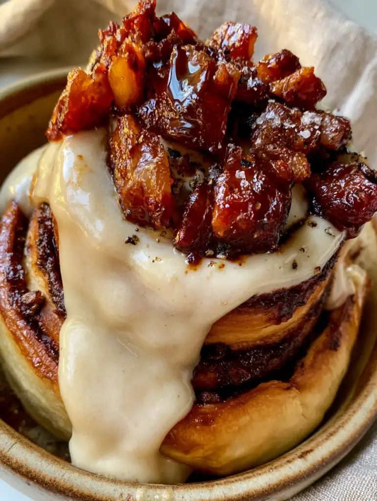 Bourbon Maple Bacon Cinnamon Rolls: The Ultimate Sweet and Salty Brunch Masterpiece 1 Top view of glistening candied bacon chunks and cracked black pepper on a maple-glazed cinnamon roll.