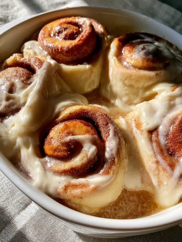 Cinnamon Roll Breakfast Bake: The Ultimate Gooey Heavy Cream Hack 1 Top-down view of cinnamon roll breakfast bake showing golden brown edges and bubbling butter sauce.