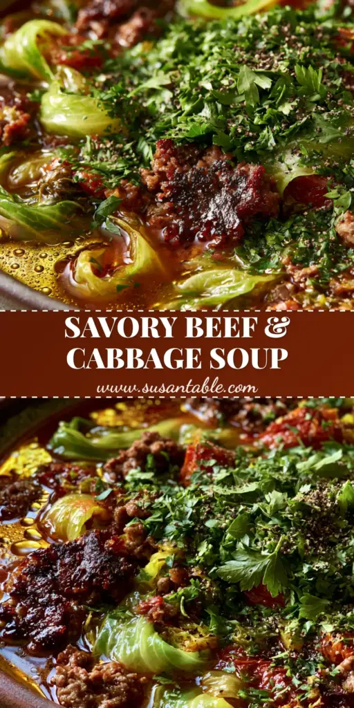 A rustic matte ceramic bowl of beef cabbage soup with amber broth, golden oil droplets, and fresh parsley garnish. (beef cabbage soup)