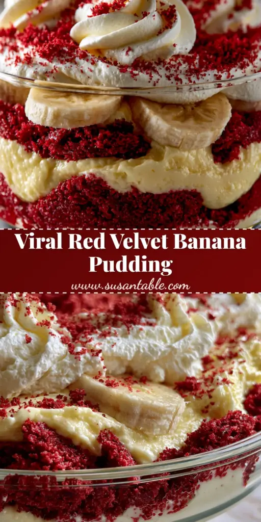 Red Velvet Banana Pudding: The Ultimate Southern Fusion Dessert 4 A tall clear glass trifle dish filled with Red Velvet Banana Pudding showing distinct layers of red cake and cream.