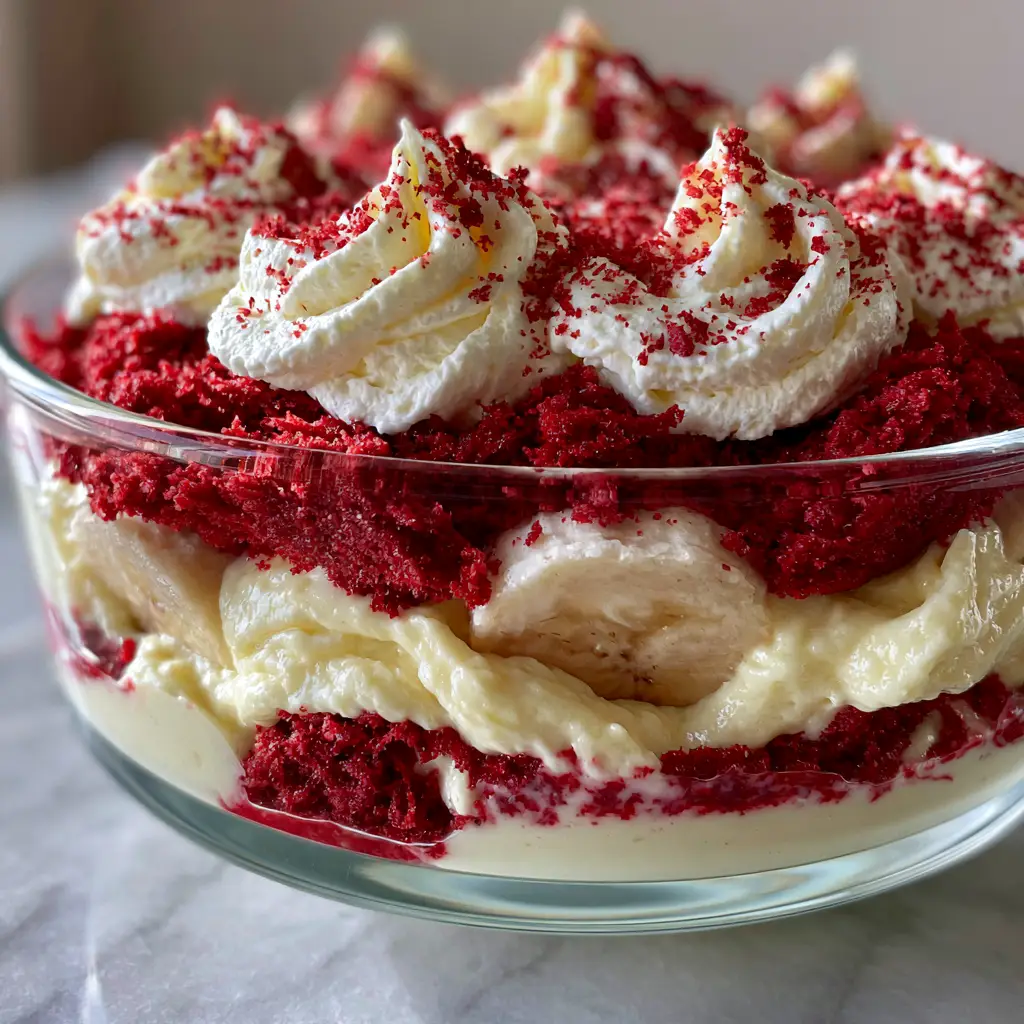 Red Velvet Banana Pudding: The Ultimate Southern Fusion Dessert 2 Close up shot of Red Velvet Banana Pudding with visible cake crumbs and thick vanilla cream cheese pudding.