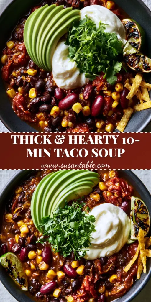 Vegetarian Taco Soup: The Ultimate Protein-Packed Hearty Bowl 4 A top-down macro shot of a hearty Vegetarian Taco Soup in a charcoal bowl with avocado and lime.