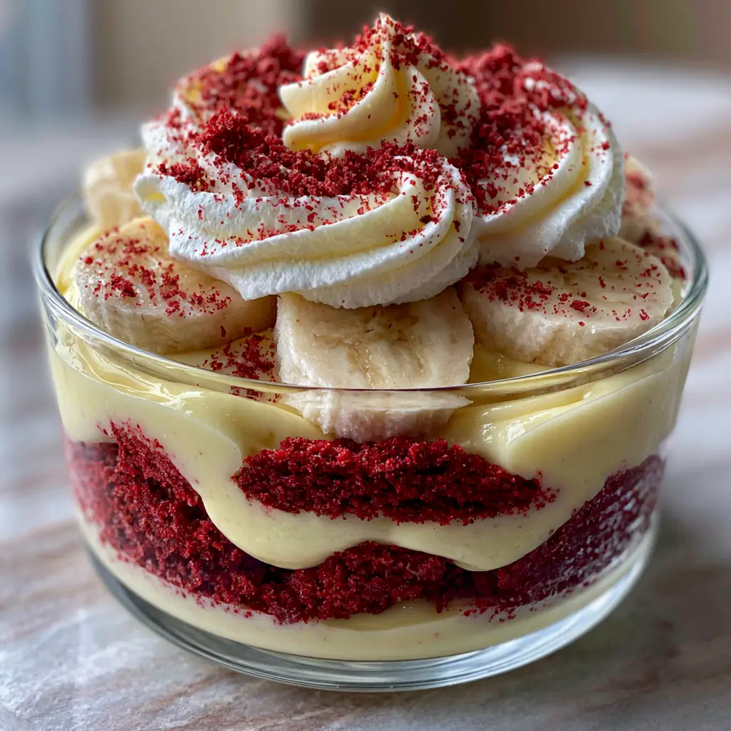 Red Velvet Banana Pudding: The Ultimate Southern Fusion Dessert 1 A top-down view of Red Velvet Banana Pudding topped with fluffy whipped cream and a dusting of vibrant red crumbs.