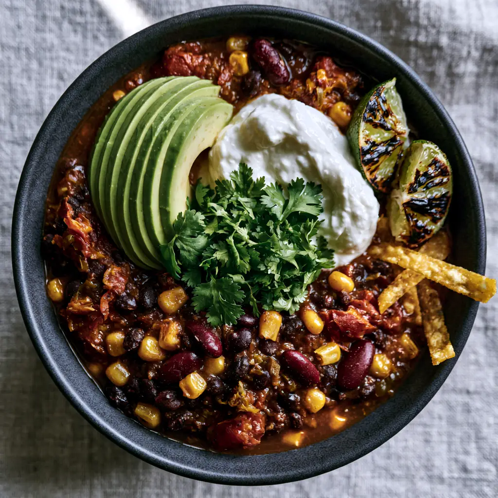 Vegetarian Taco Soup: The Ultimate Protein-Packed Hearty Bowl 2 Extreme close up of Vegetarian Taco Soup showing beans, corn, and fire-roasted tomatoes.