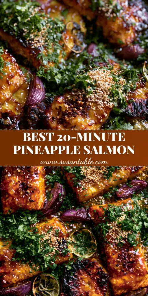 Baked Pineapple Salmon with a Glistening Honey Garlic Glaze 4 A top-down macro shot of baked pineapple salmon on a dark sheet pan with glistening honey garlic glaze and charred lime slices.