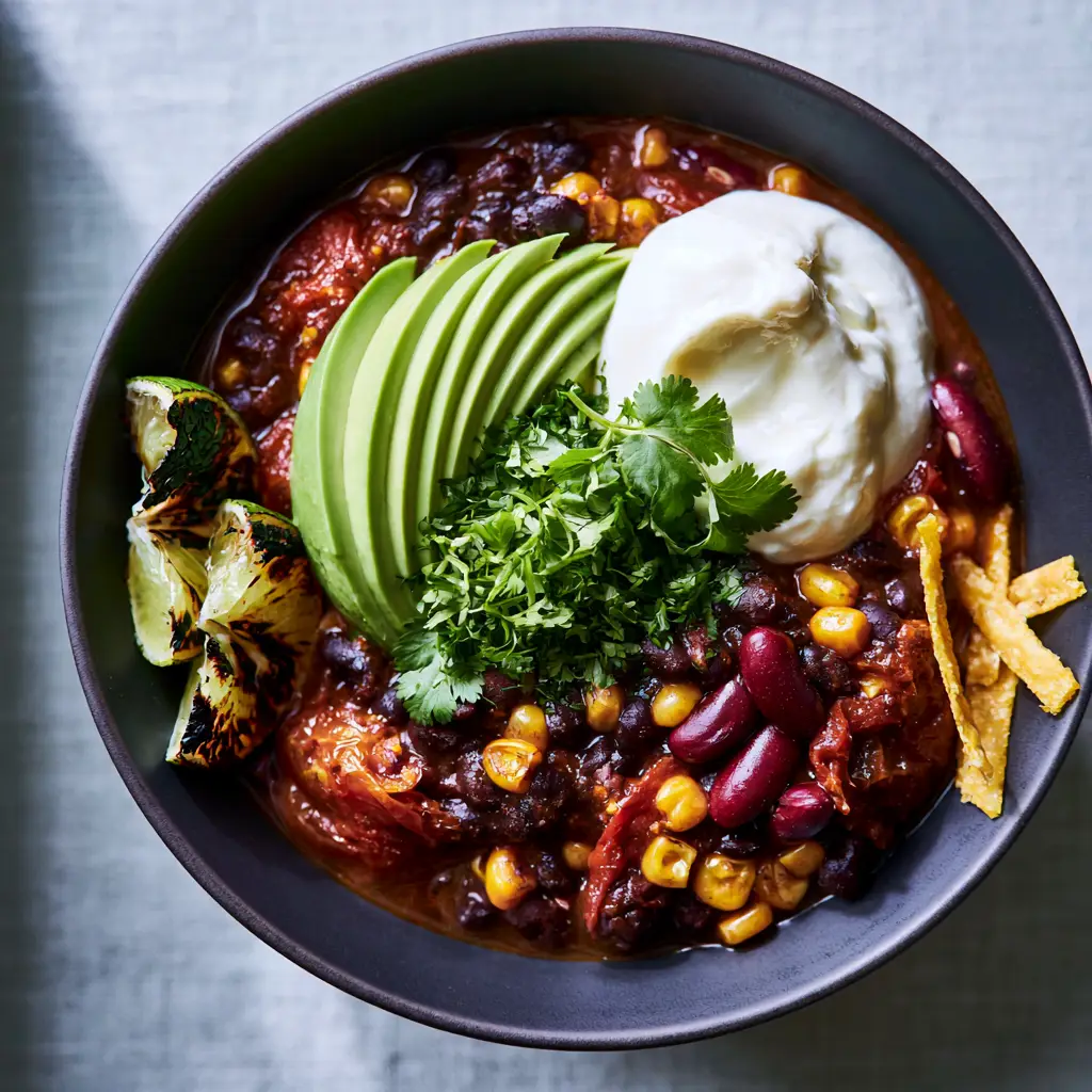 Vegetarian Taco Soup: The Ultimate Protein-Packed Hearty Bowl 1 A steaming bowl of Vegetarian Taco Soup topped with a thick dollop of sour cream and fresh cilantro.