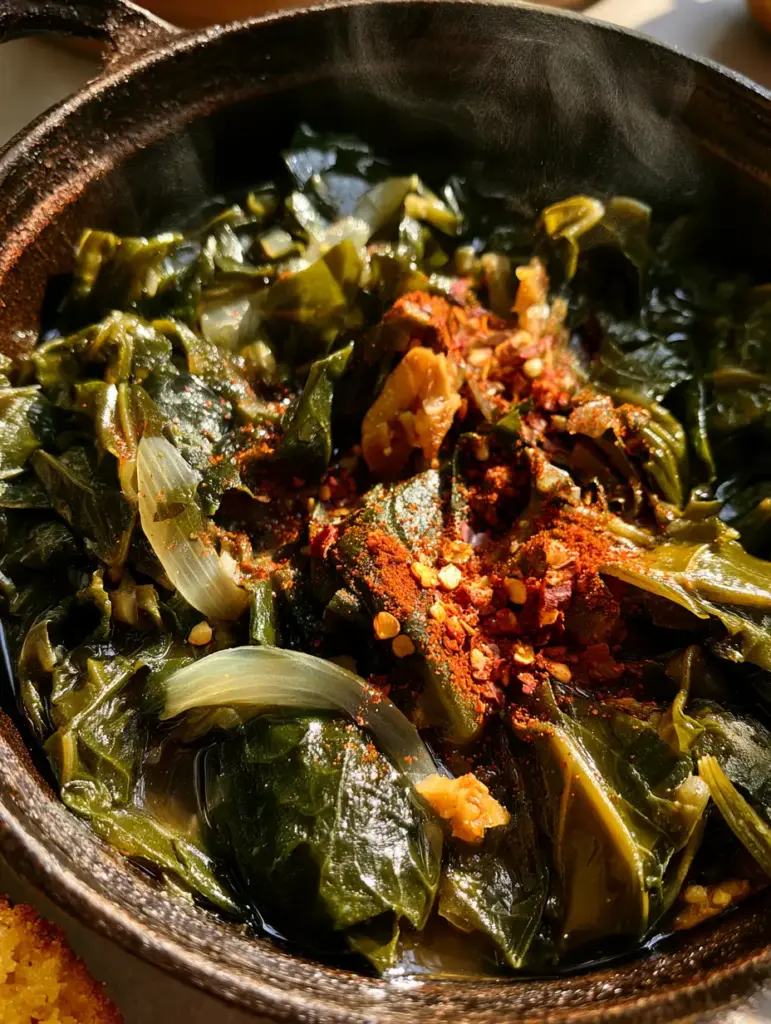 Vegan Collard Greens: The Ultimate Silky, Smoky Soul Food Recipe 2 Top-down view of silky Vegan Collard Greens in a matte black cast iron pot with dark umami broth.
