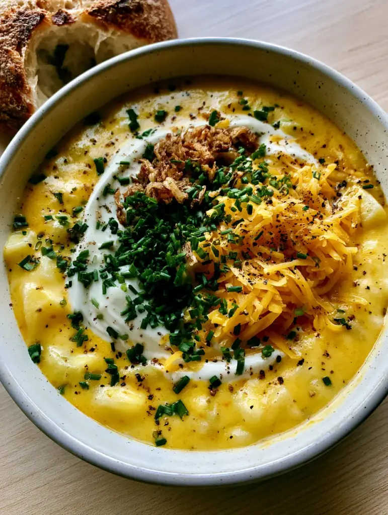 Vegetarian Potato Soup Recipe: The Ultimate Creamy and Velvety Comfort Bowl 2 A handheld smartphone photo of thick, velvety yellow potato soup with visible chunks in a rustic white bowl. (Vegetarian potato soup recipe)