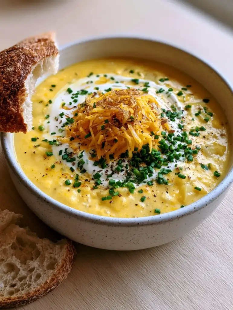 Vegetarian Potato Soup Recipe: The Ultimate Creamy and Velvety Comfort Bowl 1 Top-down view of potato soup topped with cheddar cheese, fried onions, and a sourdough bread slice with a bite taken out.