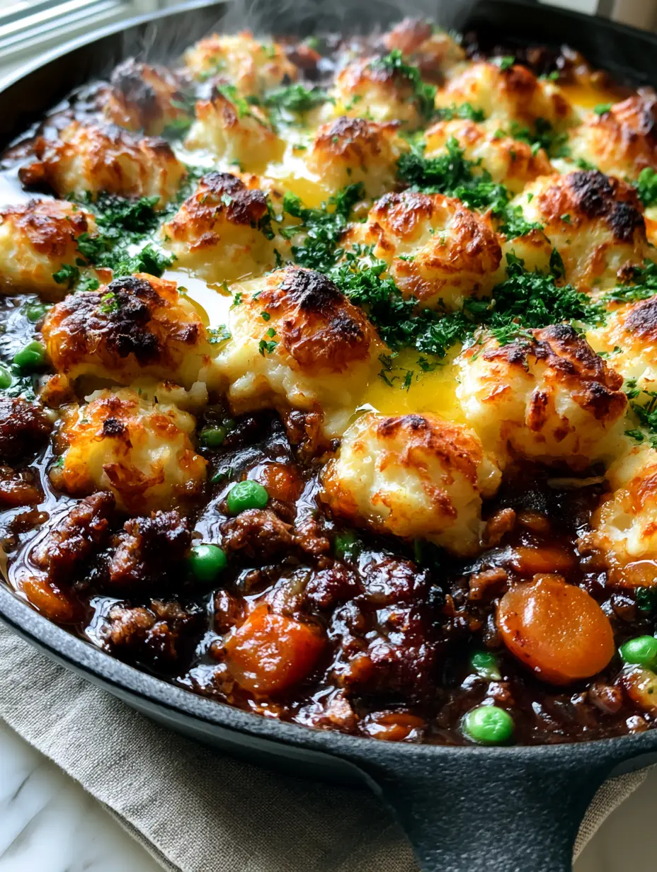 Shepherd's Pie with Toasted Potato Peaks and Rich Umami Gravy 3 Juicy browned ground beef and thick glossy gravy with carrots and peas. (Shepherd's pie)