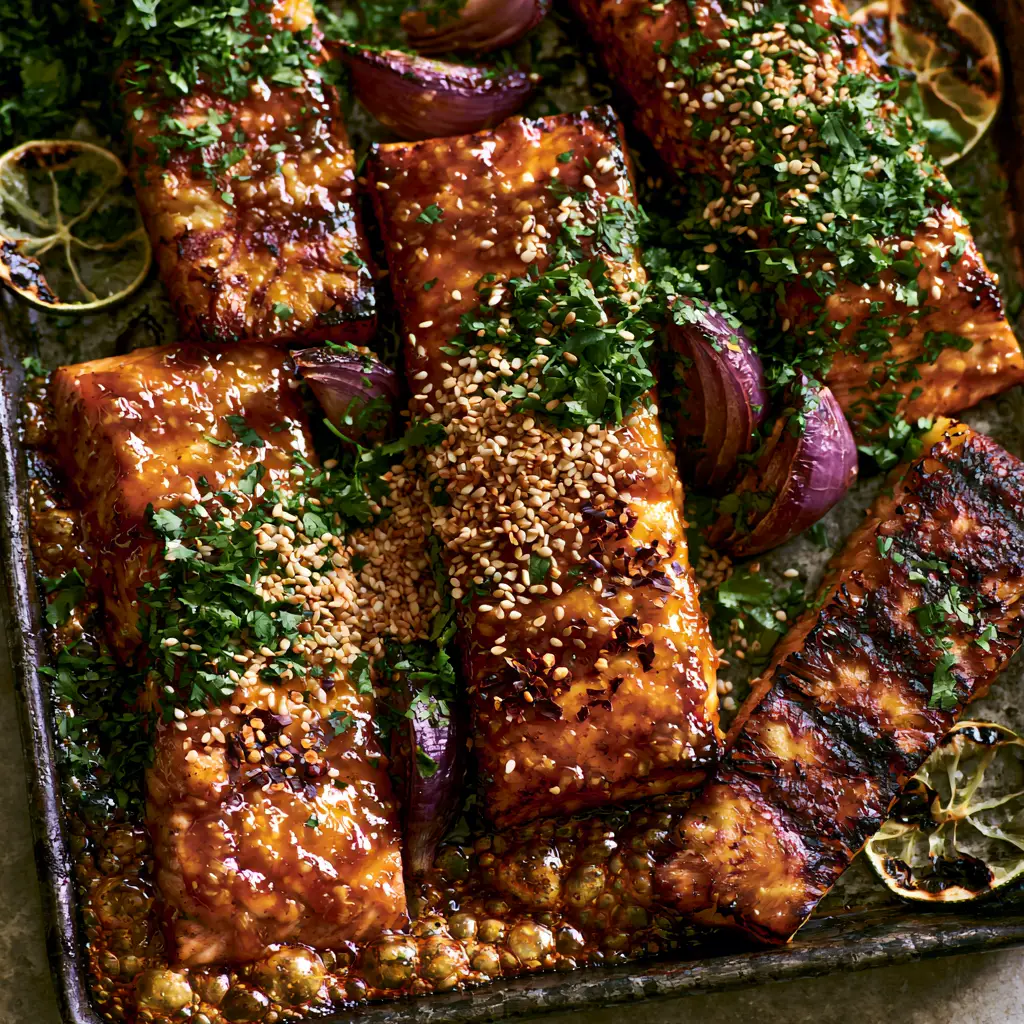 Baked Pineapple Salmon with a Glistening Honey Garlic Glaze 2 Close up of Atlantic salmon fillets covered in bubbling amber honey garlic glaze with charred pineapple. (baked pineapple salmon)