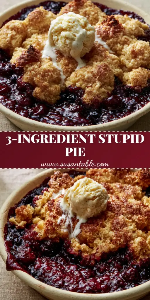 Stupid Pie: The Easiest Cherry and Blueberry Dump Dessert 4 A close-up shot of a warm stupid pie with bubbling cherry and blueberry filling and a golden brown cake crust.