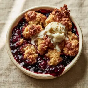 High-angle shot of a freshly baked stupid pie in a rustic ceramic dish showing crispy toasted peaks and bubbling fruit.