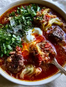 Top-down macro shot of unstuffed cabbage roll soup showing seared beef and translucent cabbage. (unstuffed cabbage roll soup)