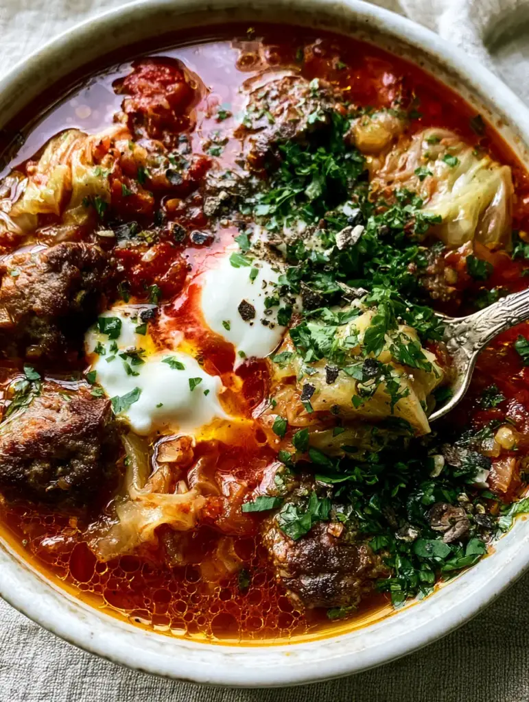 Unstuffed Cabbage Roll Soup: A Rich and Savory One-Pot Comfort Meal 1 A vintage silver spoon lifting a bite of seared beef and caramelized cabbage from the soup.