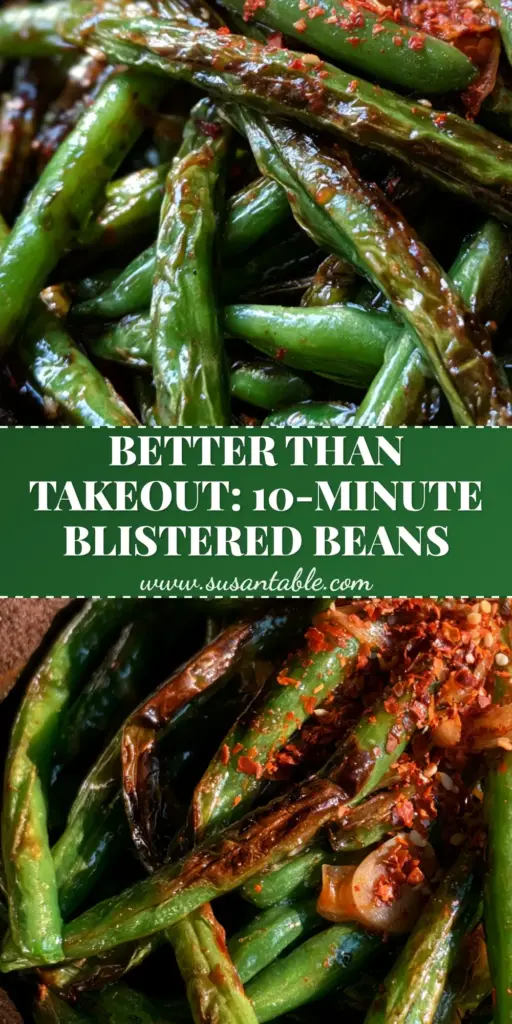Garlic Chili Green Beans: The Ultimate Blistered Skillet Side Dish 4 Close-up of blistered garlic chili green beans with charred skin and golden garlic slivers in a cast iron skillet.