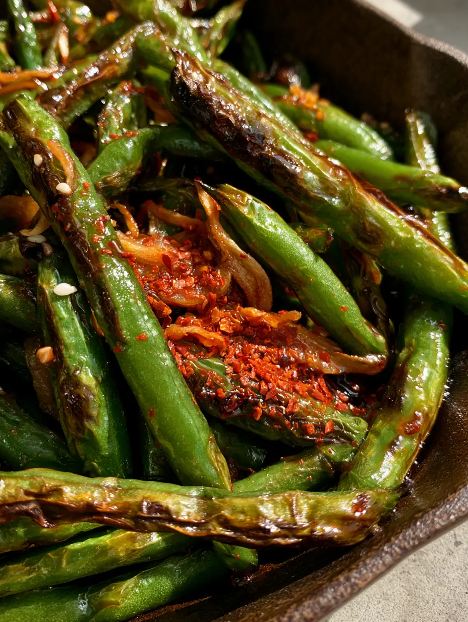 Garlic Chili Green Beans: The Ultimate Blistered Skillet Side Dish 3 Macro photo of charred garlic chili green beans showing wrinkled texture and glossy amber oil.