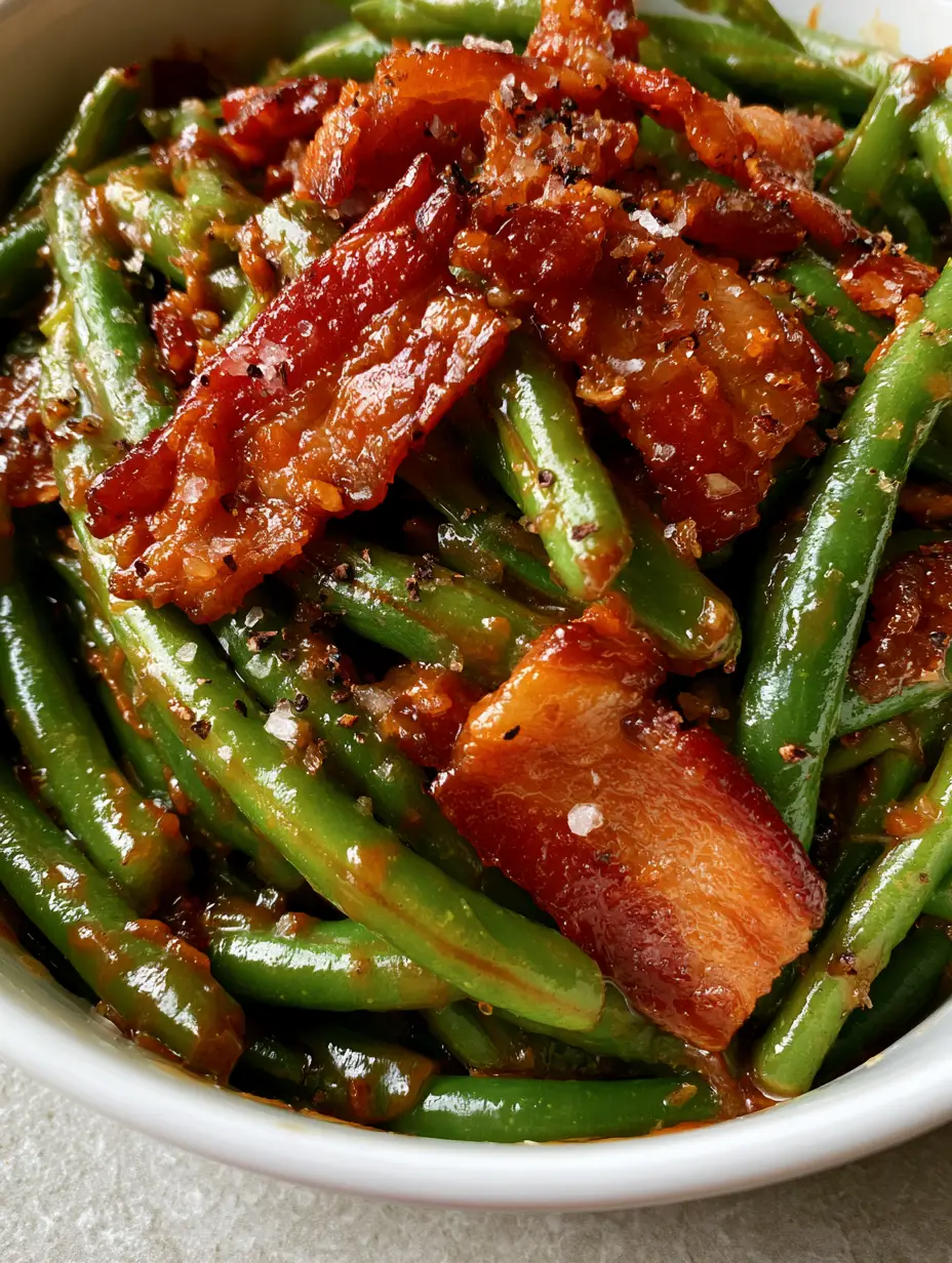 Detailed view of Crack Green Beans showing the thick, glossy brown sugar glaze and large cracked black pepper flakes.