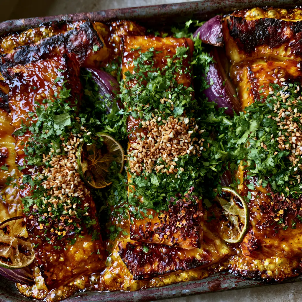 Baked Pineapple Salmon with a Glistening Honey Garlic Glaze 1 Rustic sheet pan featuring roasted red onions, charred limes, and salmon garnished with cilantro and sesame seeds. (baked pineapple salmon)