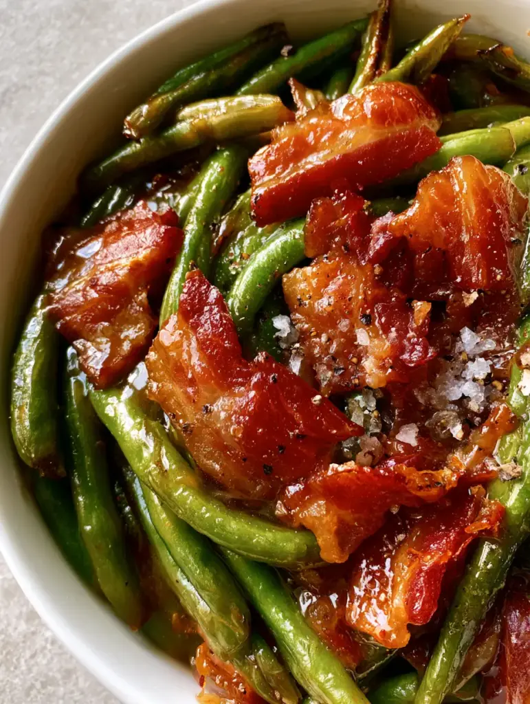 A ceramic dish filled with Crack Green Beans topped with jagged pieces of caramelized applewood bacon and coarse salt crystals.