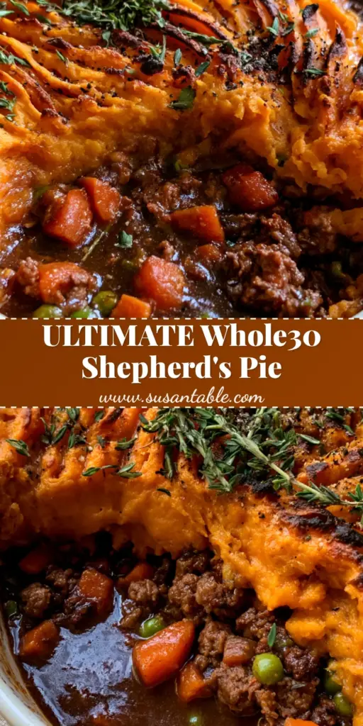 Whole30 Shepherd's Pie with Savory Sweet Potato Mash 4 A close-up shot of a whole30 shepherd's pie with a scoop removed showing the beef and vegetable filling under toasted sweet potato peaks.