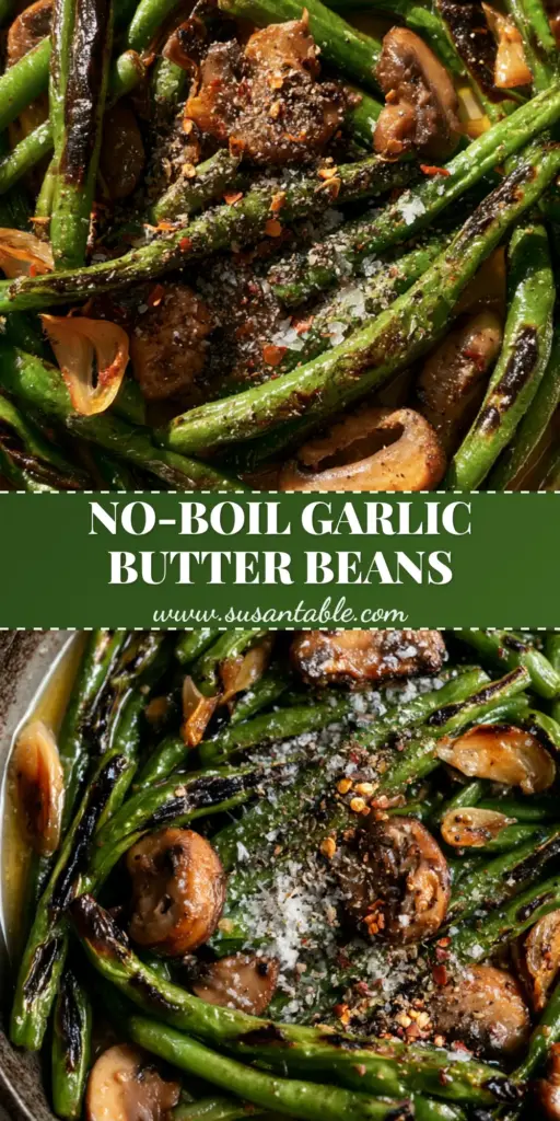 Garlic Butter Sautéed Green Beans and Mushrooms with Toasted Garlic 4 A top-down photo of a cast iron skillet filled with glistening garlic butter sautéed green beans and mushrooms, garnished with chili flakes and sea salt.
