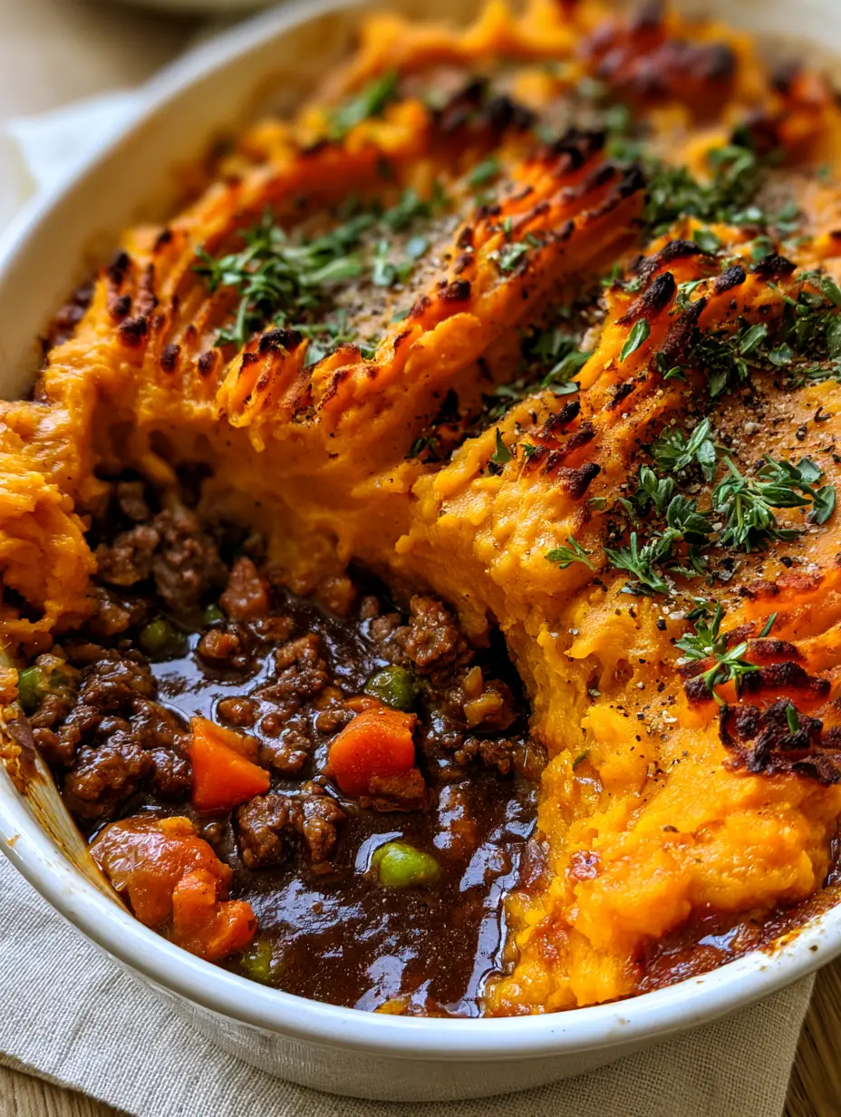 Whole30 Shepherd's Pie with Savory Sweet Potato Mash 3 A high-angle photo of a savory whole30 shepherd's pie in a white dish featuring charred potato ridges and fresh thyme.