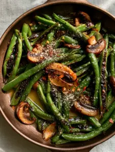 Overhead view of a cast iron skillet with charred forest-green beans and golden-brown cremini mushrooms. (garlic butter sautéed green beans and mushrooms)