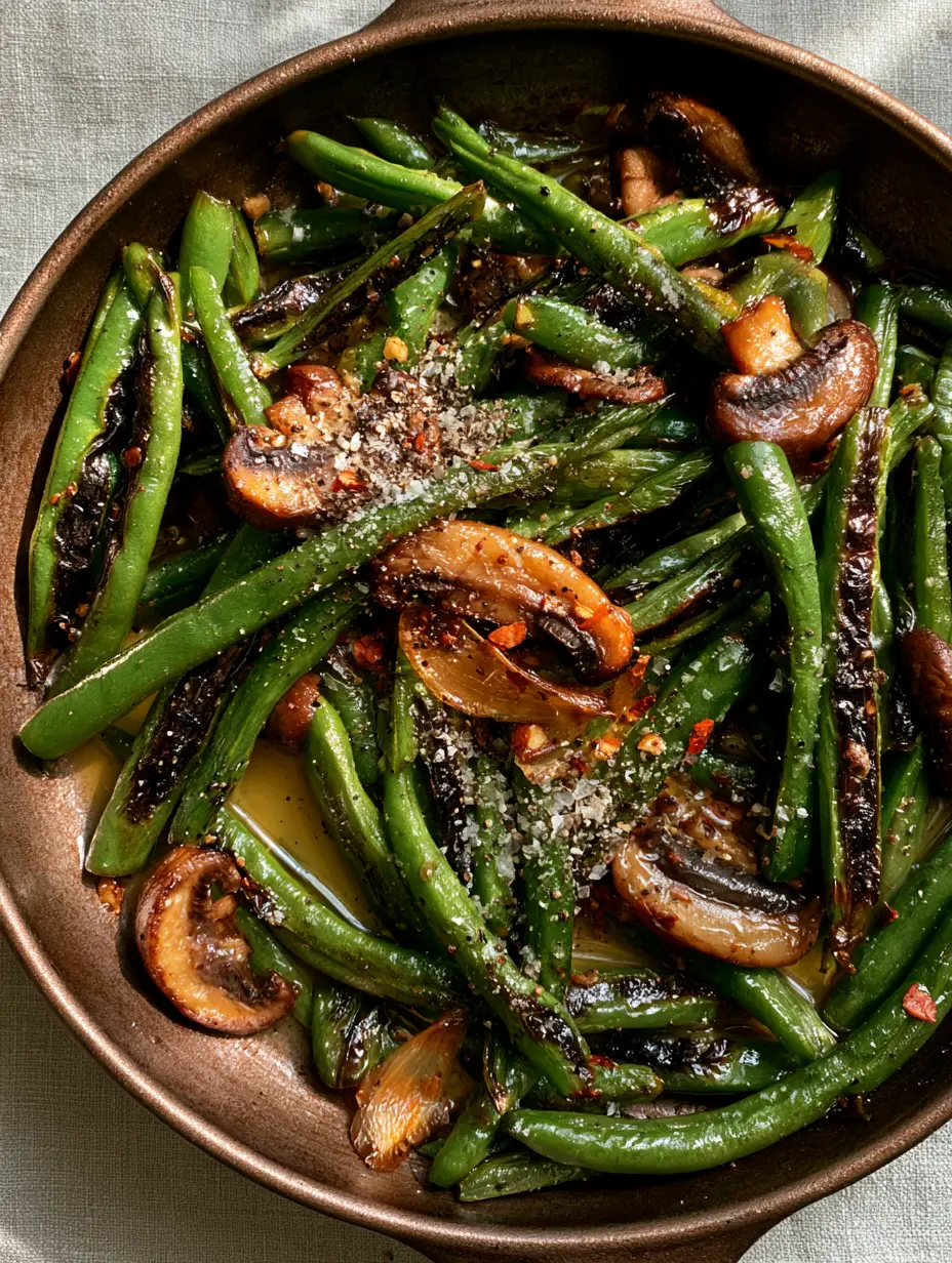 Garlic Butter Sautéed Green Beans and Mushrooms with Toasted Garlic 3 Overhead view of a cast iron skillet with charred forest-green beans and golden-brown cremini mushrooms. (garlic butter sautéed green beans and mushrooms)