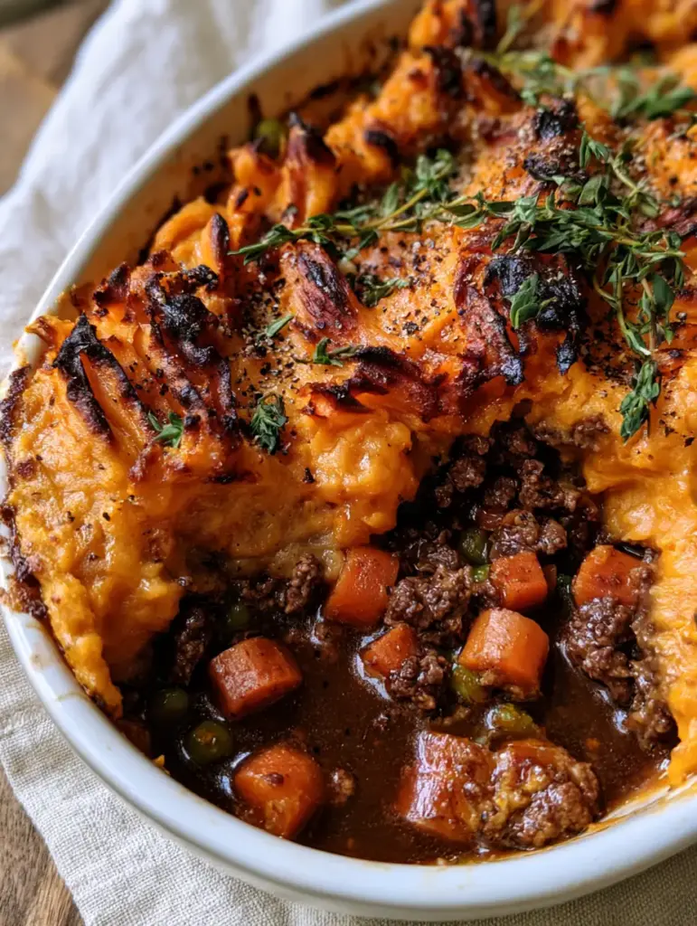 Whole30 Shepherd's Pie with Savory Sweet Potato Mash 1 A detailed close-up of the beef filling and orange sweet potato layer of a whole30 shepherd's pie.