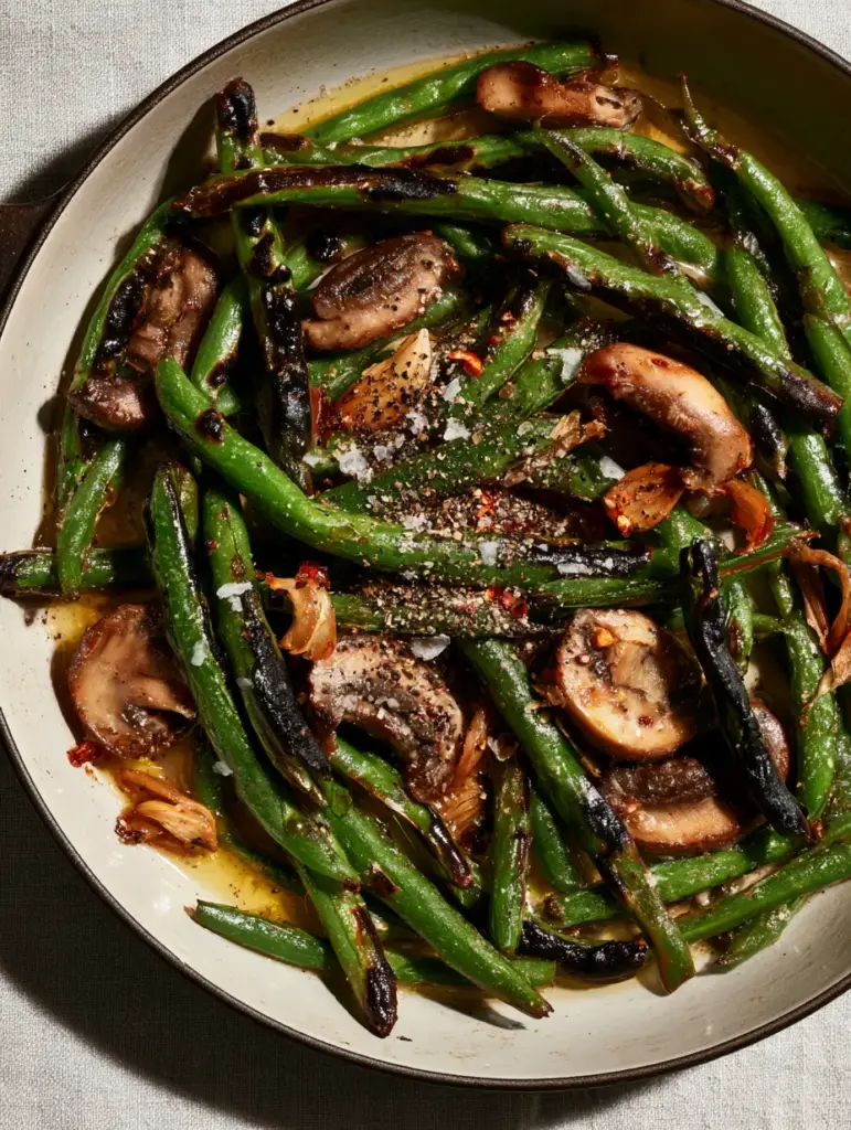 Garlic Butter Sautéed Green Beans and Mushrooms with Toasted Garlic 1 Close-up of translucent toasted garlic slivers and red chili flakes on glistening sautéed green beans and mushrooms.