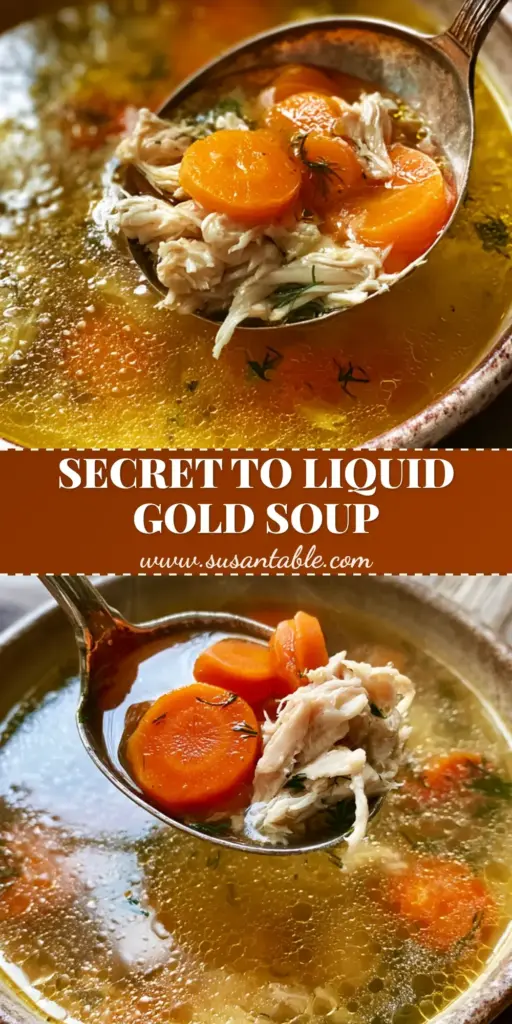 A vertical close-up of a rustic ceramic bowl containing homemade chicken soup with translucent golden broth, circular carrots, and fresh dill garnish.