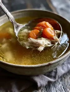 Extreme close-up of a silver ladle lifting hand-pulled chicken from a glowing golden homemade chicken soup broth.