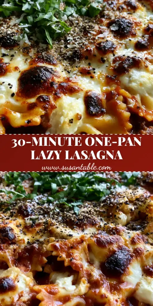 A bubbling cast iron skillet filled with bow tie pasta lasagna, featuring charred mozzarella and dollops of ricotta.
