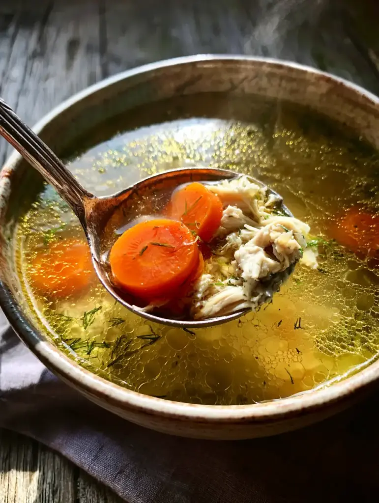 Overhead shot of homemade chicken soup showing shimmering golden oil droplets on the surface and bright orange carrot circles.