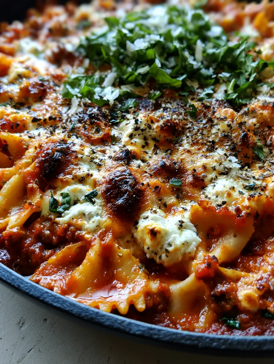 Extreme macro close-up of bow tie pasta lasagna showing glistening cheese and charred bubbles. (bow tie pasta lasagna)