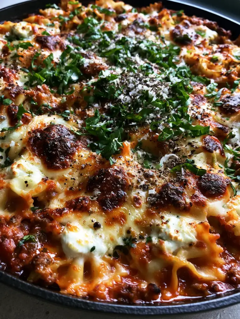 Overhead view of a cast iron skillet with bow tie pasta lasagna garnished with fresh basil chiffonade.