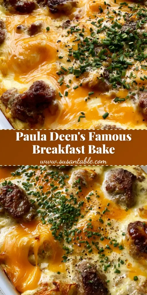 Paula Deen Breakfast Casserole: The Ultimate Cheesy Hash Brown and Sausage Bake 4 A vertical high-angle photo of a Paula Deen Breakfast Casserole in a white porcelain dish, featuring bubbly cheddar cheese with toasted orange-brown spots and fresh green chives.