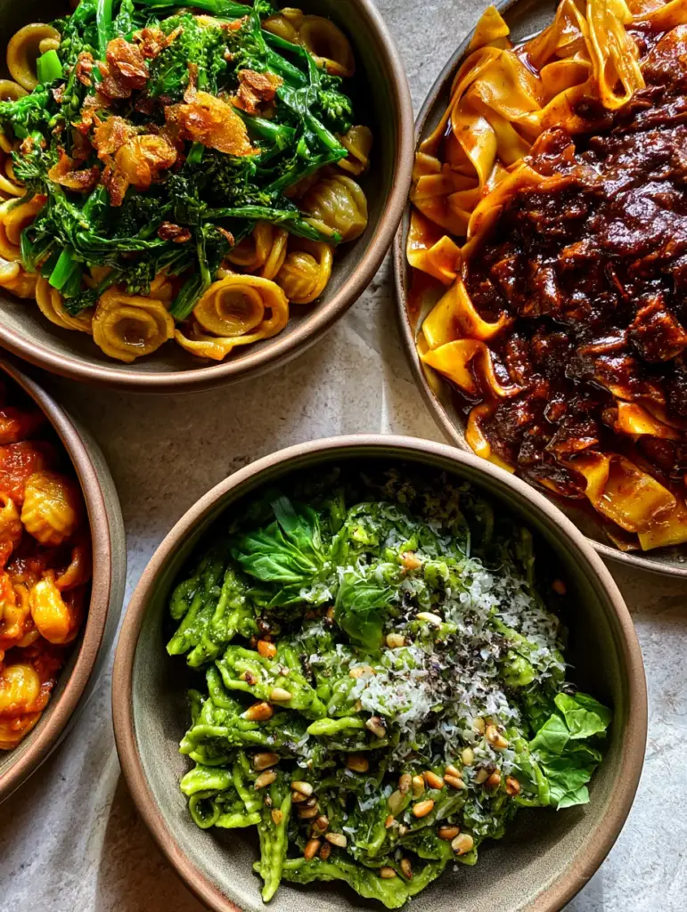 Italian pasta regional guide: Master the Art of Three Iconic Classics 2 Close-up of glossy mahogany beef ragu on wide pappardelle ribbons with snowy pecorino cheese. (Italian pasta regional guide)