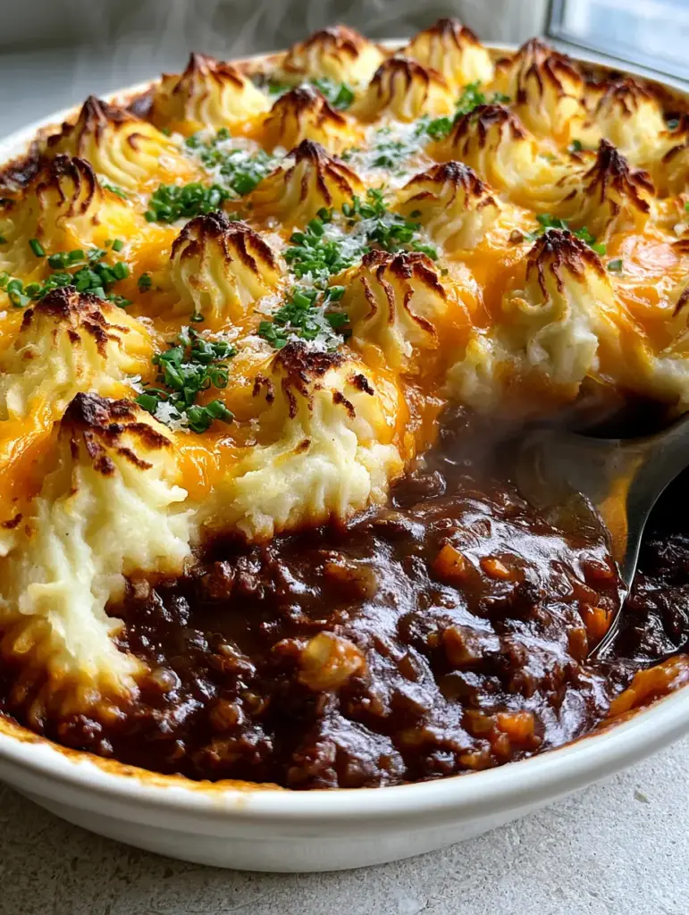 Potato topped beef pie with Glossy Mahogany Gravy and Cheddar Peaks 2 Close-up of a serving spoon lifting a portion of Potato topped beef pie showing mahogany gravy and carrots. (Potato topped beef pie)