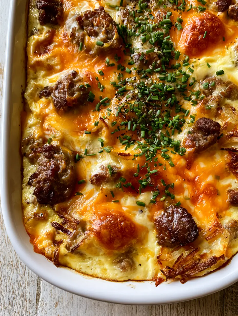 Paula Deen Breakfast Casserole: The Ultimate Cheesy Hash Brown and Sausage Bake 3 Close up of a Southern breakfast casserole with seared pork sausage crumbles and golden-edged hash browns embedded in a rich egg custard. (Paula Deen Breakfast Casserole)