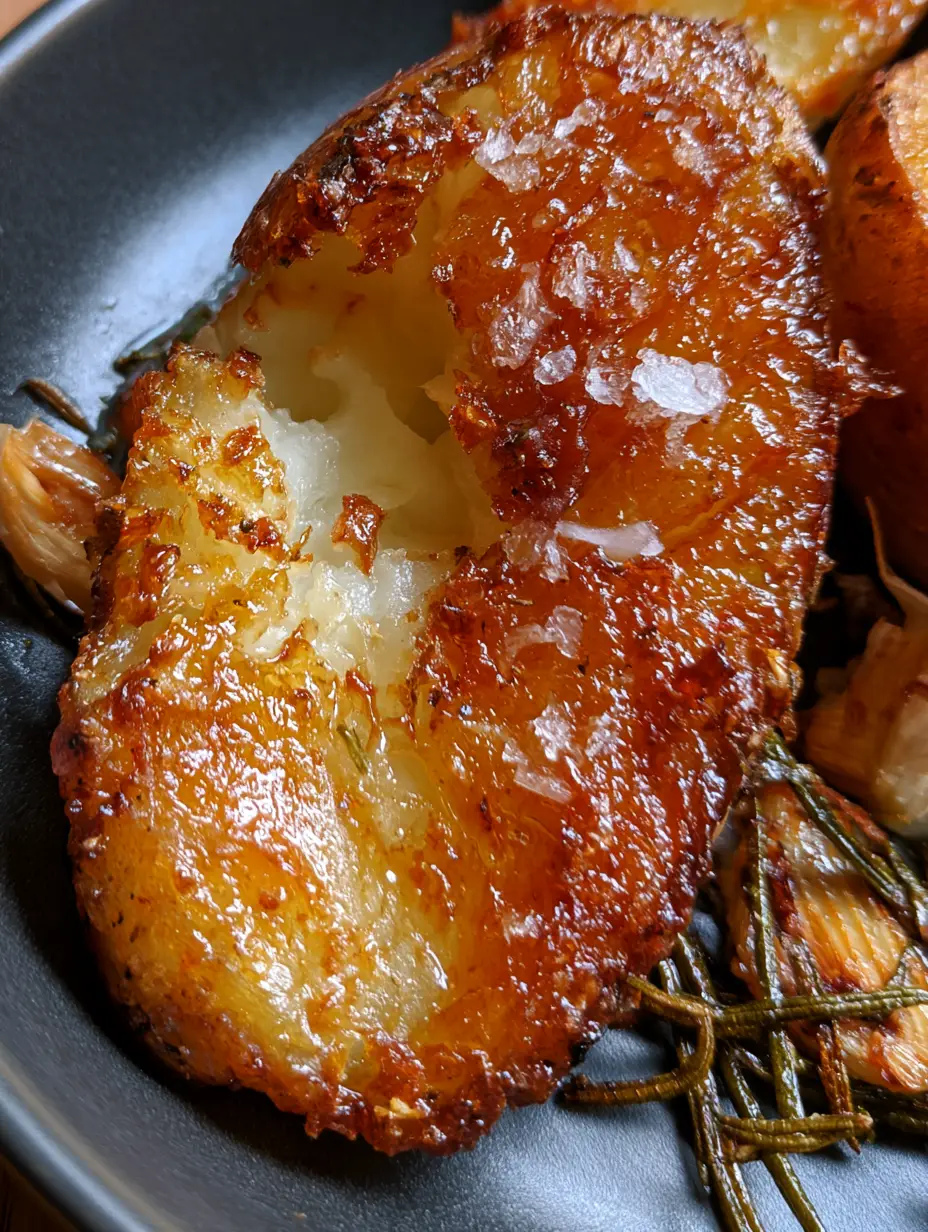 Crispy Potato Perfection: The Ultimate Duck Fat Roasted Potato Recipe 3 Extreme close-up of a crispy potato snapped in half revealing a steaming fluffy interior and amber crust.